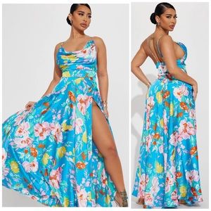 Fashion Nova Blue Floral  Satin Maxi Dress